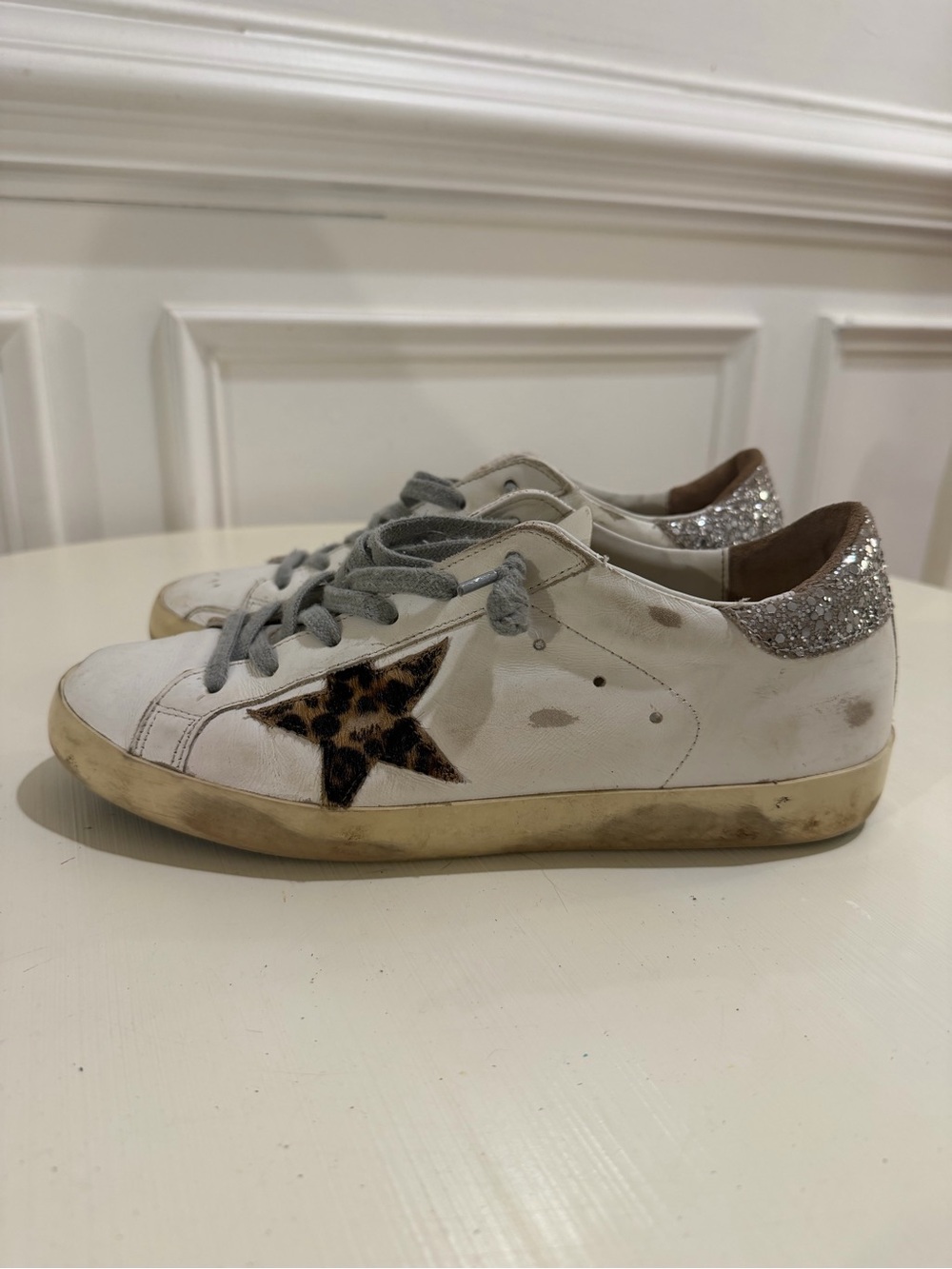 Golden Goose White Sneakers with Gray Laces and Leopard Side Detail